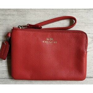 Coach Cornet Zip Wristlet Pebbled Red Orange Leather Wallet EUC